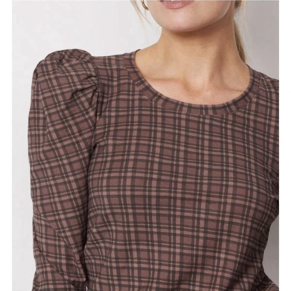 Nation Ltd Long Sleeve Top Sz L Plaid Brown 100% Pima Cotton MInimalist - Picture 2 of 12